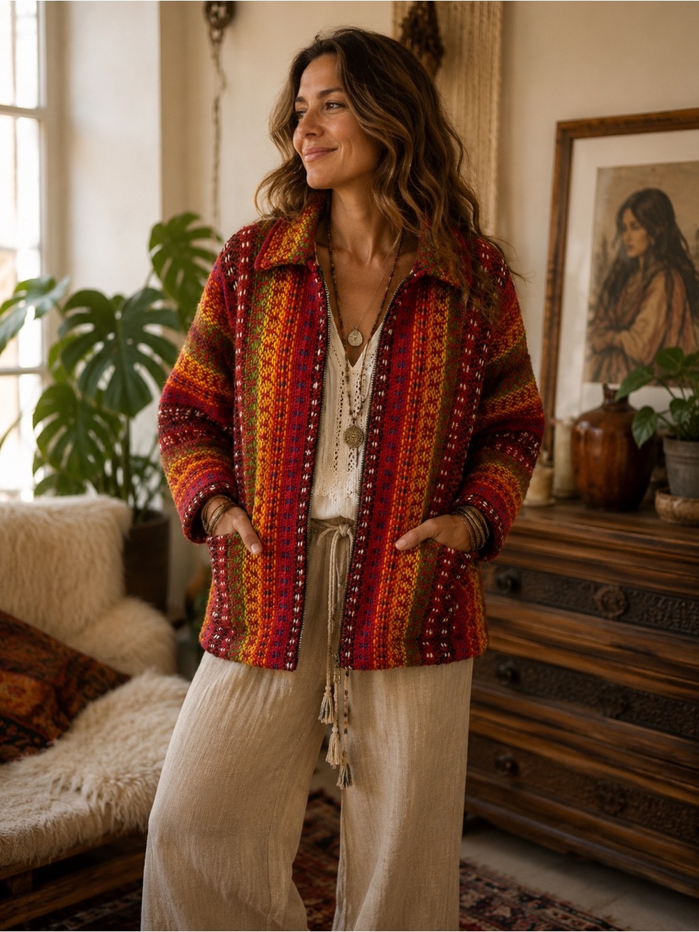 Vintage‎ Handwoven Wool Jacket Boho Multicolor Lined Zip Front Coat L-XL